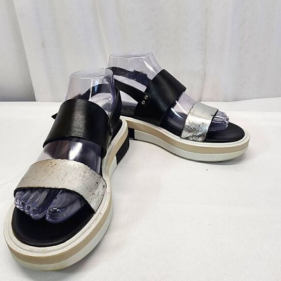Carlo Pera Black and Metallic Leather Double Strap Platform Sandals Size 37EU 6. - Picture 2 of 12